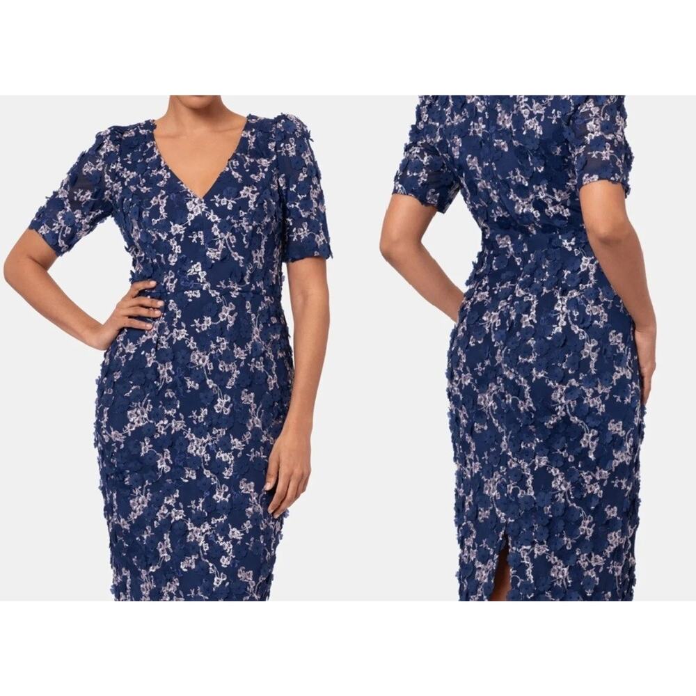 Xscape Women's Evenings Embroidered Floral Sheath Midi Dress Blue Sz 10 NEW